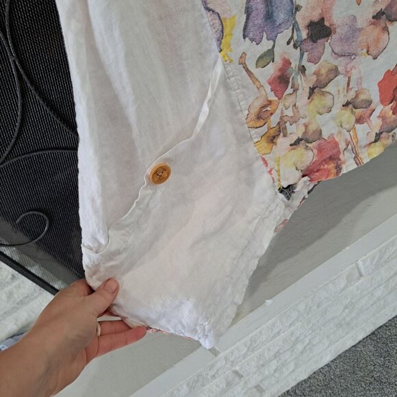 Floral Linen Womens Top By Transparente With Wooden Button Accents Pocket 2XL - Picture 4 of 10